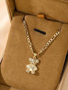 1pc Copper Inlaid Zirconia Cute Mischievous Lucky Bear Pendant Necklace, Suitable For Girls/Boys/Family/Friends, Multifunctional, Luxury, Party, Banquet, Holiday, Christmas, Thanksgiving, Halloween, Gift - Yellow Gold - View 2