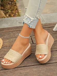1 đôi sandal cao gót mùa hè dành cho tuổi teen, dây thừng gai dệt màu trơn thời trang, thiết kế tối giản, dép đế xuồng dày dặn, nhẹ và thoải mái, thích hợp cho sử dụng hàng ngày, kỳ nghỉ, dạo chơi, du lịch, đi biển. - Màu be - Xem 3
