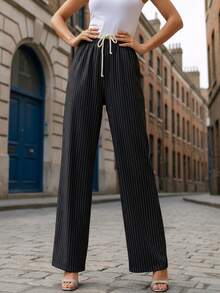 女士条纹抽绳阔腿裤，适合商务、休闲、旅行、时尚穿搭，条纹打结口袋抽绳阔腿裤，日常、机场、旅行、学校、办公室、四季皆宜