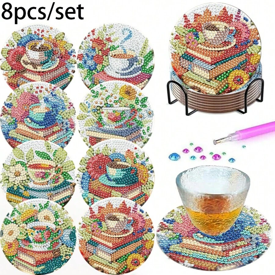 8件套钻石画杯垫套装，包含咖啡杯垫、书本杯垫和花卉图案，适合成人及初学者，可用于钻石画艺术创作、工艺品制作和缝纫，圆形钻石木质底座带隔热杯垫，适用于家居装饰、办公桌配件，也是情人节礼物的理想之选。 - 彩色 - 查看 1