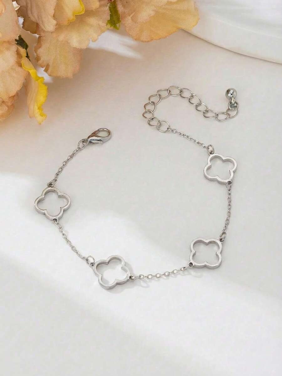 1pc Silver-Tone Hollow Clover Flower Design Women Bracelet, Suitable For Daily Wear Jewelry Accessory - Silver - View 1