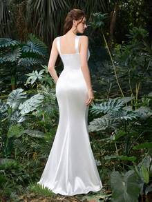Faeriesty Elegante vestido de noche de sirena de satén blanco, escote de corazón sin mangas con diseño de volantes, abertura alta, adecuado para invitados de boda, fiesta de cóctel, cena formal de primavera - Blanco - Ver 7