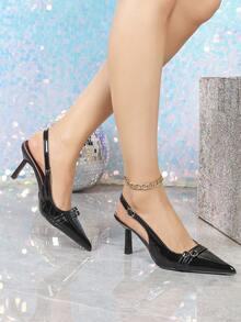 7cm Tacones altos negros, Zapatos de tacón con punta puntiaguda y slip-on para fiestas, Zapatos formales para vestidos - Negro - Ver 4