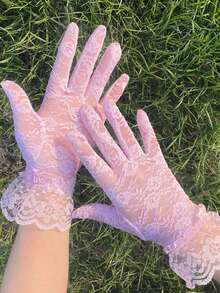 A Pair Of Sweet Lace Sun-Protection Gloves, Lightweight And Breathable, Highly Elastic, Can Cover Scars And Tattoos, Protect Your Arms While Driving, Suitable As Halloween Accessories, Winter Gloves, For Weddings, And Valentine's Day. - 彩色 - 查看 2