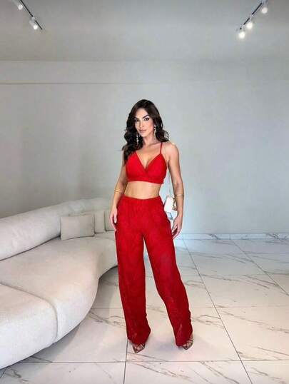 Conjunto feminino branco renda cropped com amarração costas calça pantalona cintura alta look elegante verão praia festa TAM 36 AO 42