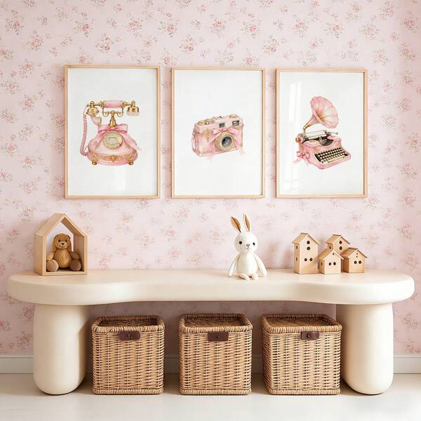 1/3pcs Pink Preppy Wall Art Picture Vintage Telephone Camera Typewriter Canvas Print Paintings| Decor For Teen Girls Bedroom, College Dorm, Apartment, Living Room Or Office Home Decor, Vintage Glam Poster, Dorm Room Essentials, Back To School Gift For Her, Unframed