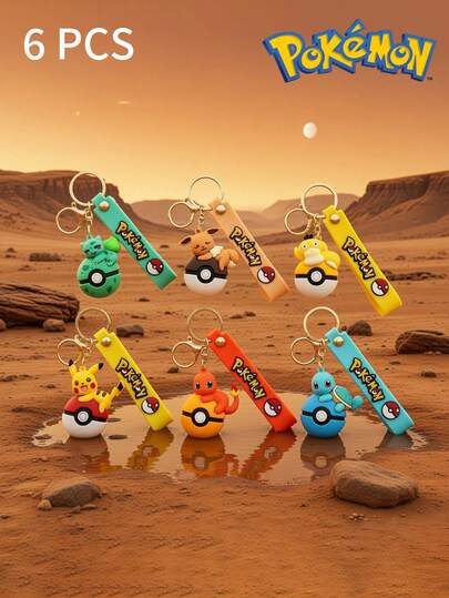 pokemon 6 Piezas/1 Set Llaveros de PVC 3D lindos de Pokémon iniciales Pikachu Charmander Squirtle Eevee Poké Ball Base con anillo dorado, correa colorida, accesorio Kawaii de anime para llaves, mochila, regalo para adolescentes, coleccionable