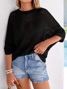 Women's Summer Crochet Top - Hollow-Out Batwing Sleeve Cover-Up, Cute Pullover Knitwear, Beach Vacation Outfit - màu đen - Xem 6