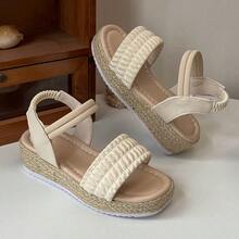 韩版简约儿童软皮厚底凉鞋 - 米色套脚踝带编织鞋底 - 杏色 - 查看 3