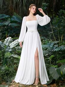 Faeriesty 优雅白色方领雪纺连衣裙，灯笼袖设计，腰部系带高开衩，适合派对、晚宴、鸡尾酒会、婚礼宾客等场合。 - 白色 - 查看 4