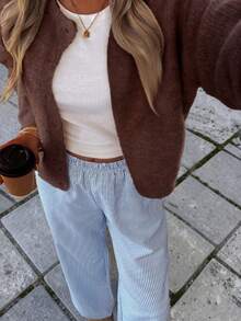 Women's Elegant French Romantic Casual Loose Knit Cardigan Sweater, Minimalist Design For Autumn/Winter - Coffee Brown - View 5