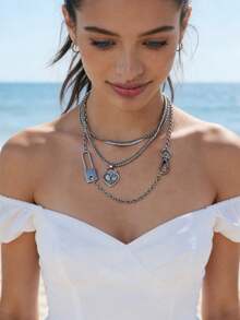 Layered Multi-Chain Heart Lock Safety Pin Necklace | Gold/Silver Tone Valentine's Day Beach Vacation Edgy Fashion Accessory - Heart Lock - View 10