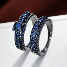 女士两件套铜戒指，优雅复古新娘叠戴戒指，镶嵌闪亮锆石，日常/婚礼首饰，情人节礼物 - 婚禮對戒7 - 查看 32