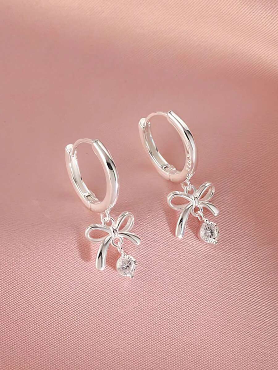 1 Pair S925 Sterling Silver Cute Bow Teardrop Earrings, Delicate Luxurious High-End Sweet Daily Fashion Versatile Earrings, Exquisite Gift - Bow - View 1