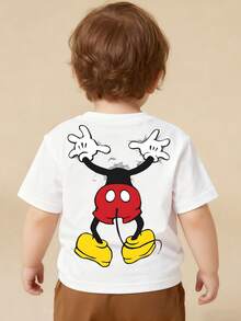 Disney White Background Mickey Mouse Breakthrough Print Front And Back Design Baby Short Sleeve T-Shirt - Playful And Cute Casual Top - trắng - Xem 2