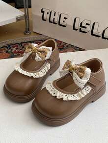 1 Pair New Casual Fashion Flat Shoes For Baby Girls, Made Of Quality PU Material, Decorated With Lace And Bow, Lightweight And Stable Sole, Versatile For Walking, Travel, Outdoor Wear, Suitable For All Seasons - Brown - View 5