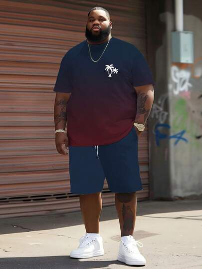 Set de 2 piezas de Camiseta con logo de palmera grande y alta + Pantalones cortos azul marino, Estilo casual de calle estadounidense, Conjunto de vacaciones de verano