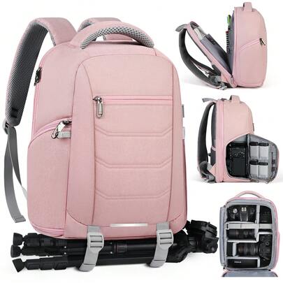 NEWHEY Mochila profesional impermeable y antirrobo para cámara DSLR de 14 pulgadas, bolsa para portátil, mochila de fotografía de gran capacidad, color rosa