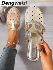 Random Asymmetric Dot Print Floral Pattern Splice T-Strap Flat Round Toe Comfortable Versatile Vacation Casual Daily Fashion Women Sandals - Gold - View 6