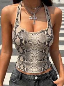 LOVE JOYY Women's Snake Print Halter Neck Crop Top, Y2K 80/90s Glamour Fitted Sexy Camisole, Suitable For Summer Everyday Wear, Parties, And Dates - Multicolor - View 5