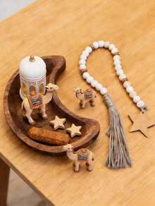 1 Set - Crescent Wooden Tray + Brown & White Wooden Bead Star Tassel Wreath Decor. Party Table Centerpiece, Birthday Party Supplies, Ramadan, Valentine's Day, Thanksgiving, Easter Home Decor And Storage Accessory, Family Gathering Centerpiece - Multicolor - View 10