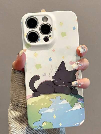 1pc Multi-Color Cartoon Cat & Map Pattern Full Coverage Phone Case With Invisible Mirror Stand, Compatible With IPhone 11/12/13/14/15/16/17/Pro Max