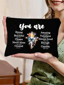 1pc Large Inspirational Christian Makeup Bag, Zippered Cosmetic Organizer, Perfect Gift For Women, Portable Zipper Makeup Storage Bag, Clutch Travel Toiletry Organizer Bag, Handbag, Girl'S Gift, Lightweight Foldable Storage Bag, Suitable For Personal Travel Cosmetics Storage, Travel Bag Toiletry Bag, Birthday, Travel Makeup Tools, Teacher'S Gift, Lover'S Gift, Birthday Gift, Travel Essentials, Dormitory Essentials, Meeting Daily Travel Needs - Multicolor - View 3