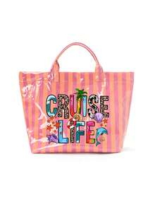 Pvc Striped Tote With "Cruise-Life" And Marine Life,Large Capacity Lightweight Handbag With Vertical & Horizontal Stripes | Multifunctional Commuter Travel,Fashiona Casual Pvc Striped Tote Bag, Heavy-Duty Durable Handbag, Fixed Shoulder ,Women's Large Capacity Shopping Bag Tote Bag, Suitable For Commuting And Travel Storage Bag, Suitable For Shopping, Stylish Casual Handheld Shoulder Purse - Multicolor - View 16