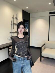 性感设计牛仔铆钉撞色网纱长袖上衣，修身剪裁，春秋季 - 黑灰色 - 查看 3