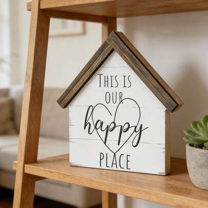 1/4件木制房屋造型摆件，配有温馨文字，适合装饰玄关、书架、客厅和卧室，营造温馨宜人的家居装饰。