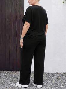 2pcs Plus Size Casual Black Set, Suitable For Summer. Drawstring Short Sleeve T-Shirt And High Waist Wide Leg Pants, Outdoor Sports Slim Fit Comfortable Set - Black - View 5