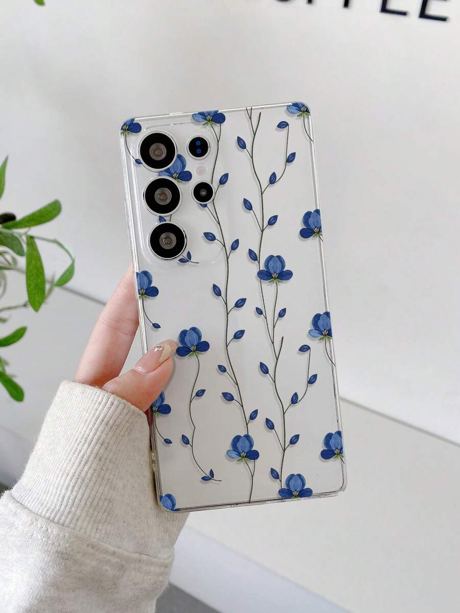 1pc Creative Minimalist Blue Floral Pattern Transparent Soft TPU Phone Case, Anti-Fall Anti-Scratch Anti-Fingerprint, Camera Lens Protection Suitable Compatible With Samsung, Nothing, Pixel, - Multicolor - View 1