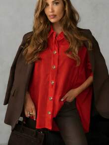 Solstice Apparel Sunflower Metal Buckle Decor Loose Long Sleeve Solid Color Textured Shirt, Minimalist Luxury Style, Work, Dates, Top /Summer Winter - Red - View 3