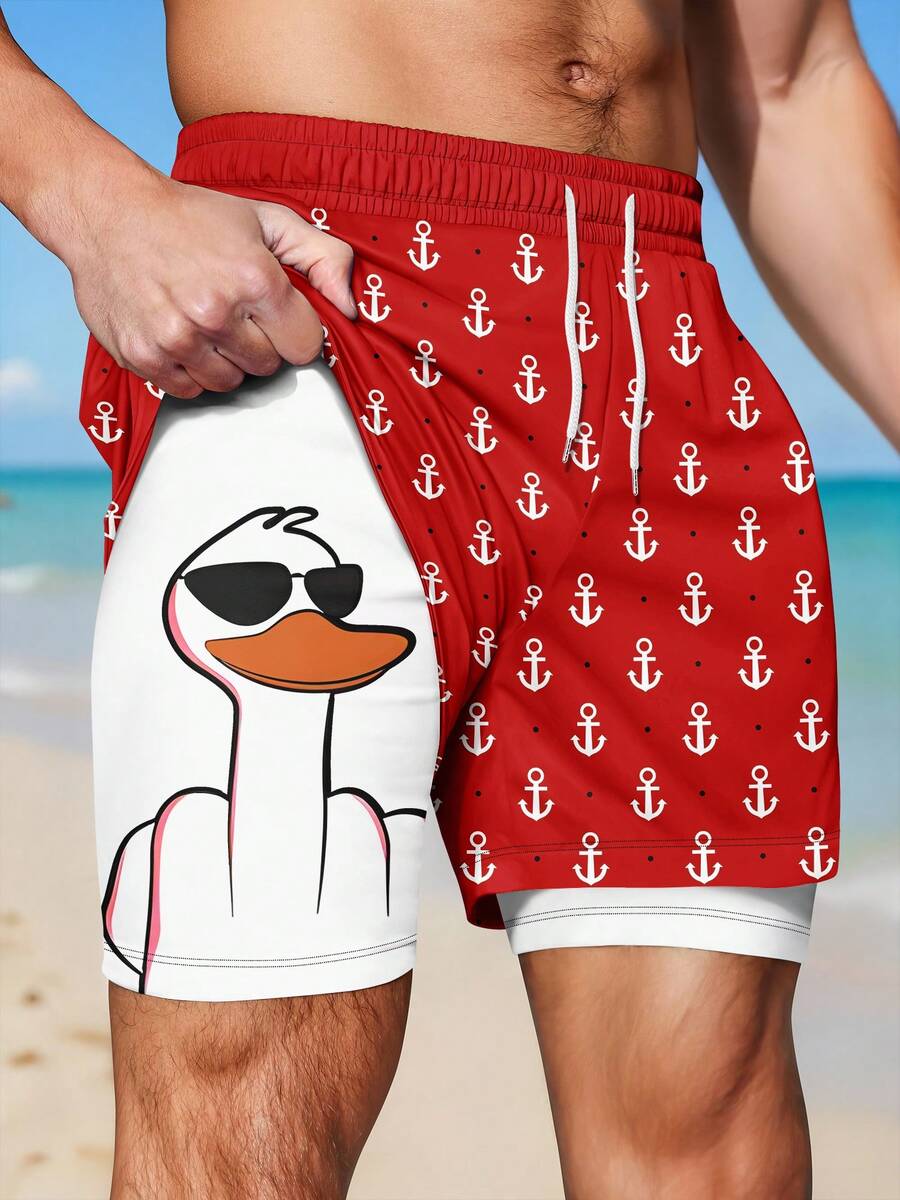 Men's Anchor Print Drawstring Waist Casual Breathable Beach Shorts, 2 In 1 Design - Red - View 1