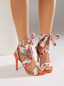 Floral Print Elegant Fashion Bowknot Criss-Cross Strap Party Wedding Banquet High Heel Pointed Toe Lace-Up Flower Sandals For Women - Multicolor - View 4