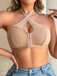 3件装女士纯色挂脖前扣舒适文胸 - 彩色 - 查看 3