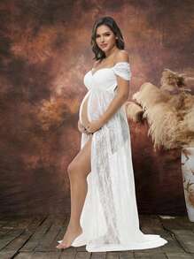 Irresista 孕妇蕾丝性感露肩高腰开衩拍照婴儿洗礼孕妇礼服 - 白色 - 查看 1