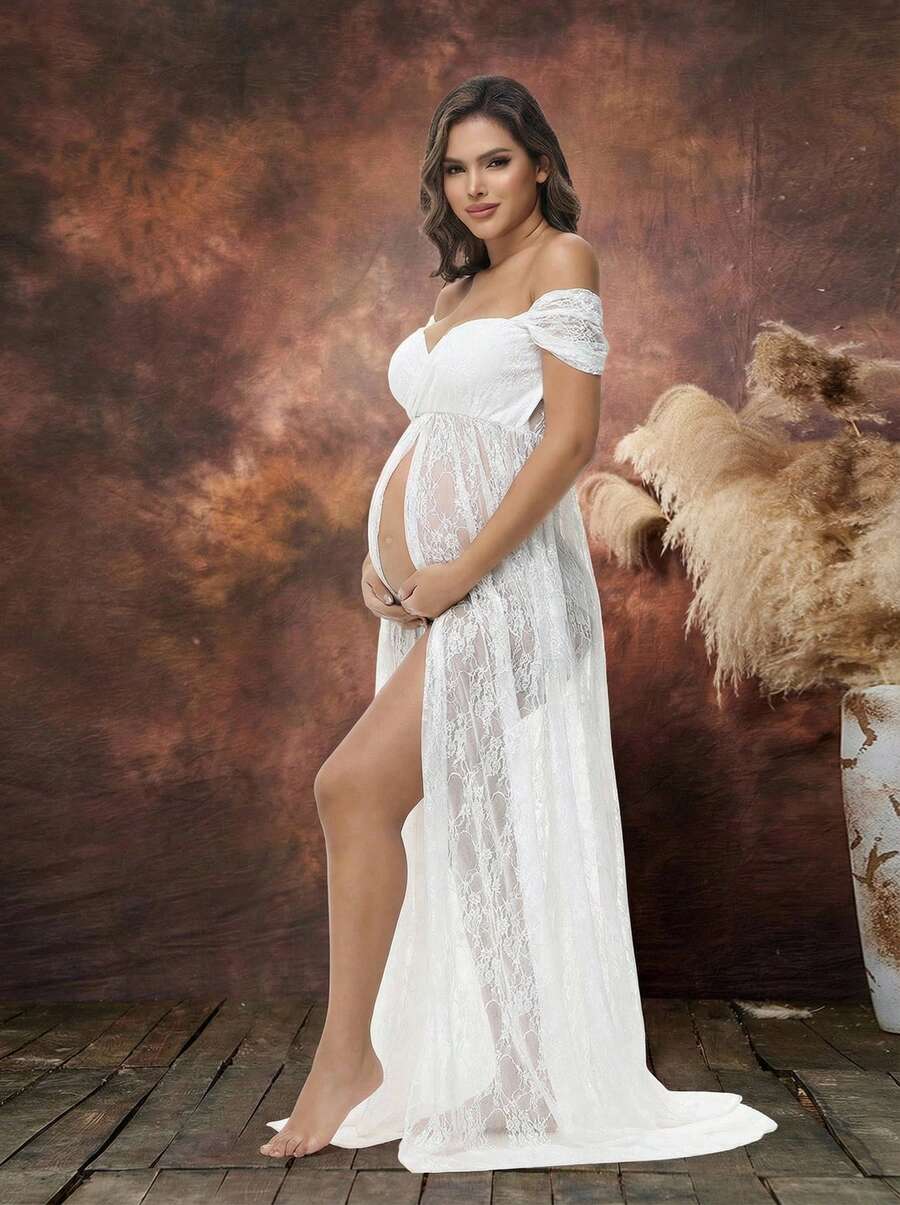 Irresista 孕妇蕾丝性感露肩高腰开衩拍照婴儿洗礼孕妇礼服 - 白色 - 查看 1
