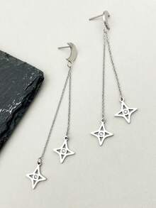 Mazuer 一对Y2K时尚水晶星月双链流苏耳环，不锈钢材质，适合女性佩戴，可用于派对、约会、通勤等场合。 - 銀色 - 查看 4