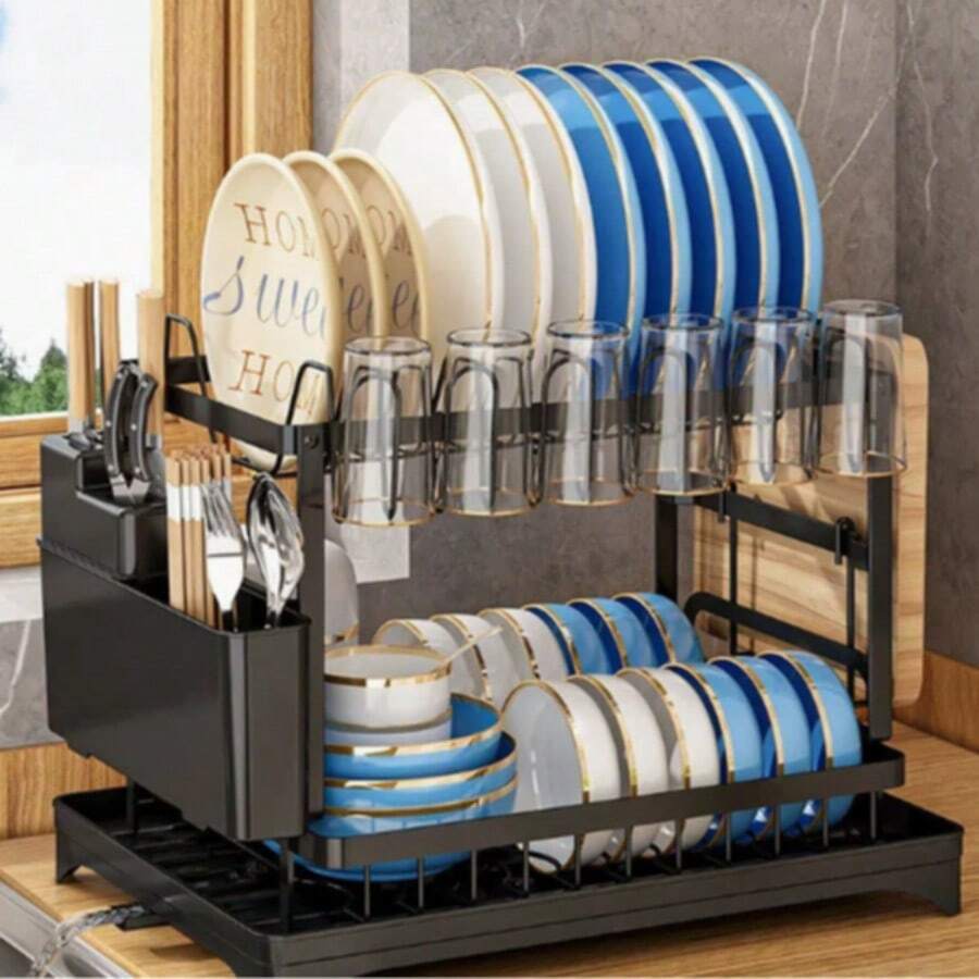 [Rustproof Dish Rack] 2-Tier Rustproof Stainless Steel Dish Rack - Space-Saving Kitchen Organizer With Drainboard & Utensil Holder For Dishes And Cutlery - Multicolor - View 1