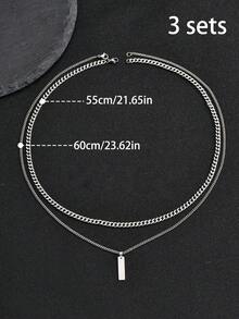 2pcs/set Fashionable Rectangle Charm Necklace For Men For Daily Decoration Stainless Steel For Jewelry Gift - Silver - View 7