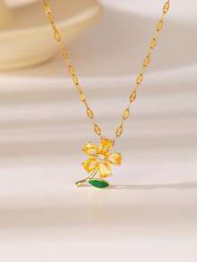 Colar com pingente exclusivo em formato de flor colorida, acompanhado de uma elegante corrente de aço inoxidável. Ideal para o dia a dia, festas, encontros ou como presente. - Ouro - Ver 8