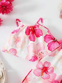 BASUSARRI Young Girls Floral Print Camisole Top And Wide Leg Pants Set, Fashionable And Versatile Casual Holiday Outfit - Pink - View 6