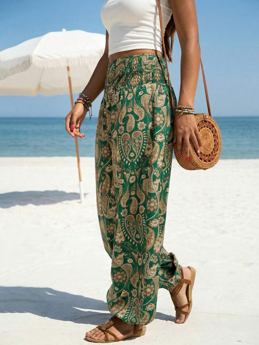 女士高腰休闲度假印花抽绳阔腿裤 (YY1182)，春夏款 - 綠色 - 查看 1