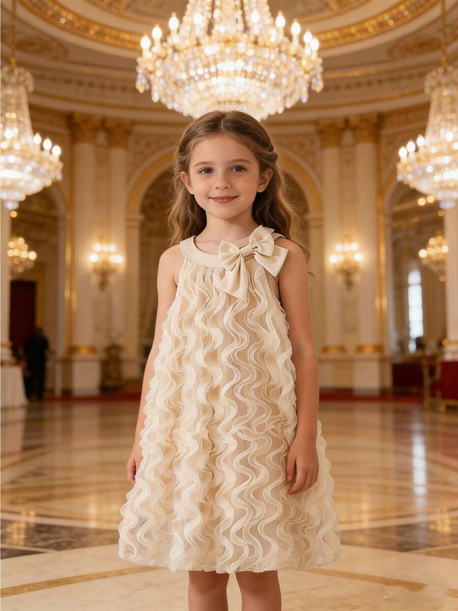 Young Girl' Fashion Casual Cute Mesh Bow Decor Dress - Apricot - View 1