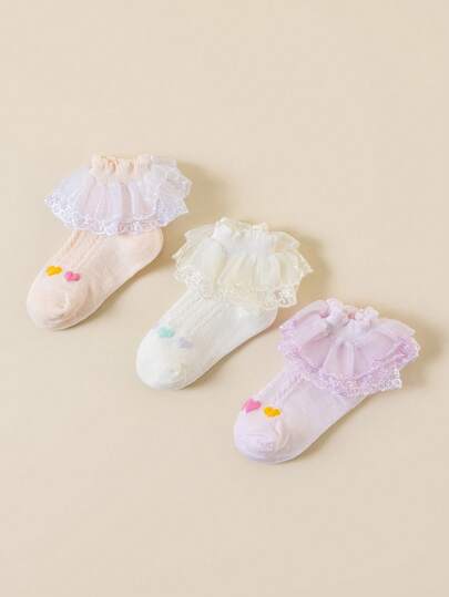 3 Pairs Girls' Socks, Sweet & Cute Colorful Heart Pattern, Solid Color Double-Layer Ruffle Lace Trim Princess Socks, Skin-Friendly Soft Breathable Mesh Socks, Comfortable Casual Fashion Lace Trim Short Socks, Suitable For Birthday Gifts/Dance Performances/Daily Life/Valentine's Day Outfits/Campus Wear