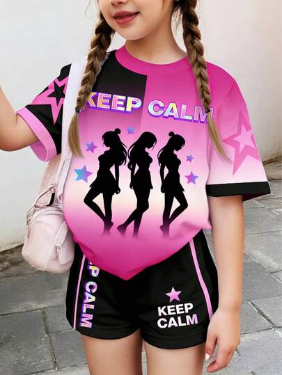 2pcs Young Girls Polyester Digital Print Short Sleeve T-Shirt + Shorts Set, Gradient Pink And Black Color, Girl Group Silhouette Print, "KEEP CALM" Colorful Letter Design, Soft And Breathable, Loose Fit Suitable For Any Body Type, Ideal For Daily Wear, Dancing And Sports, Helping Your Little One Become A Fashionista