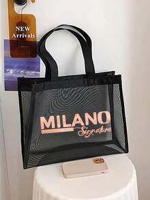 MILANO 经典网眼手提袋及收纳袋套装，黑色透明网眼手提袋，饰以玫瑰金印花图案，大容量手提袋+便携收纳袋，适合海滩、可重复使用购物、沙滩用品、杂货收纳，是时尚爱好者、海滩游客、通勤族、送礼佳品的理想之选，非常适合海滩旅行、夏季度假、日常出行和购物。 - 彩色 - 查看 4
