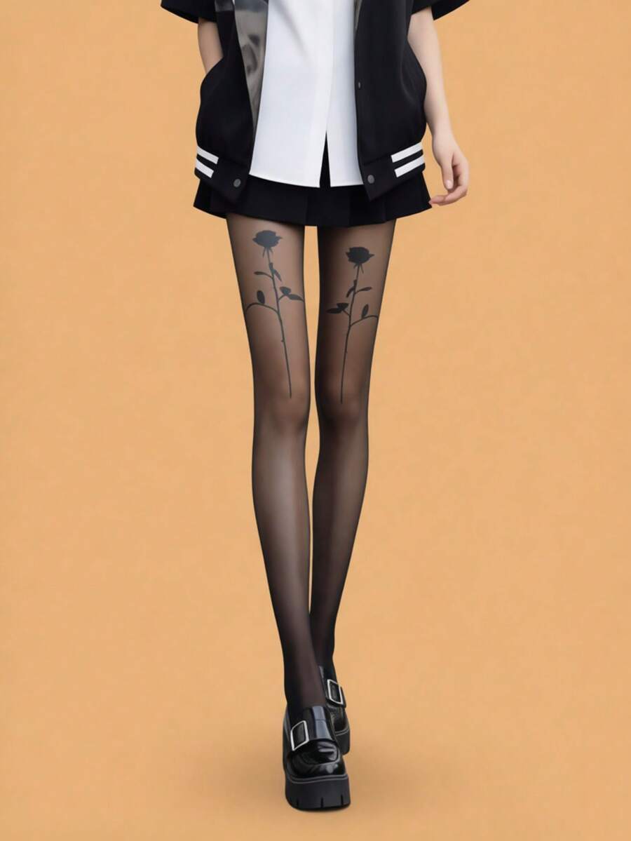 1 Pair Of Women's Thigh Rose Pantyhose, Fashionable, Sexy, Elegant, Cute, Beautiful And Comfortable, Perfect For Various Festivals, Especially Ideal For Valentine's Day, Couple Dates, Daily Outings And Commuting - Available In Multiple Sizes - Multicolor - View 1