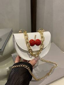 Mini Square Handbag, New Spring/Summer Plaid Color Block Casual Shoulder Tote Bag, Versatile, Cherry Pattern Saddle Bag - White - View 9